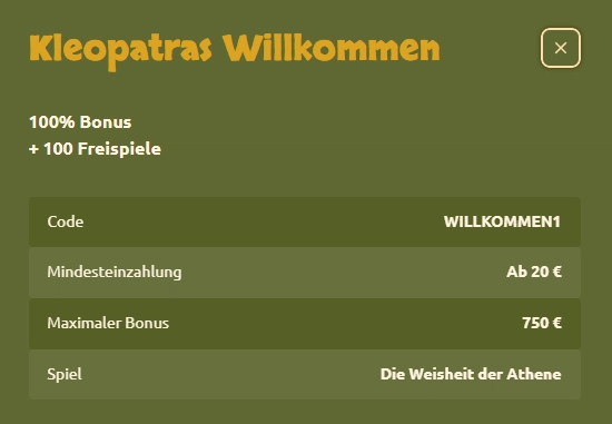 Details zum Kleopatras-Willkommen-Bonus im BetCleo Casino