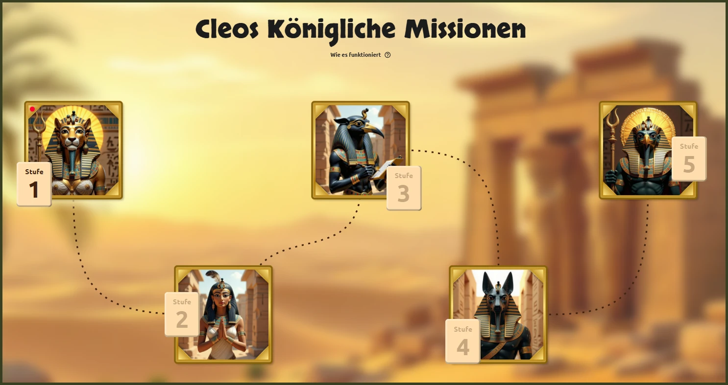 Cleos Königliche Missionen mit fünf Fortschrittsstufen im BetCleo Casino