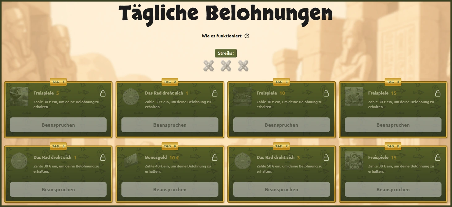 Kalender der täglichen Belohnungen im BetCleo Casino