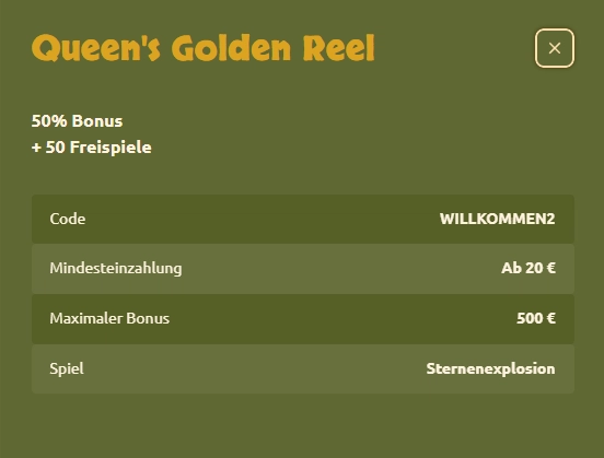Details zum Queen's Golden Reel Bonus im BetCleo Casino