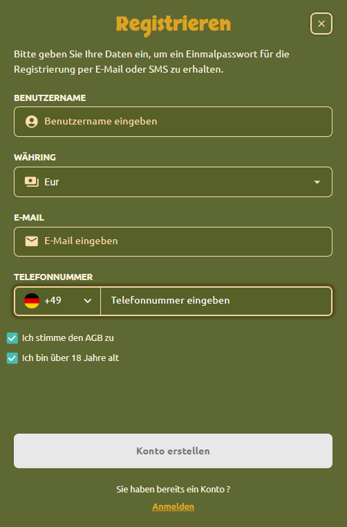 Registrierungsformular im BetCleo Casino